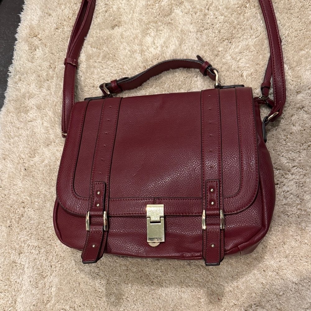 Burgundy Faux Leather Messenger Currier Collegiate Academic Shoulder Bag